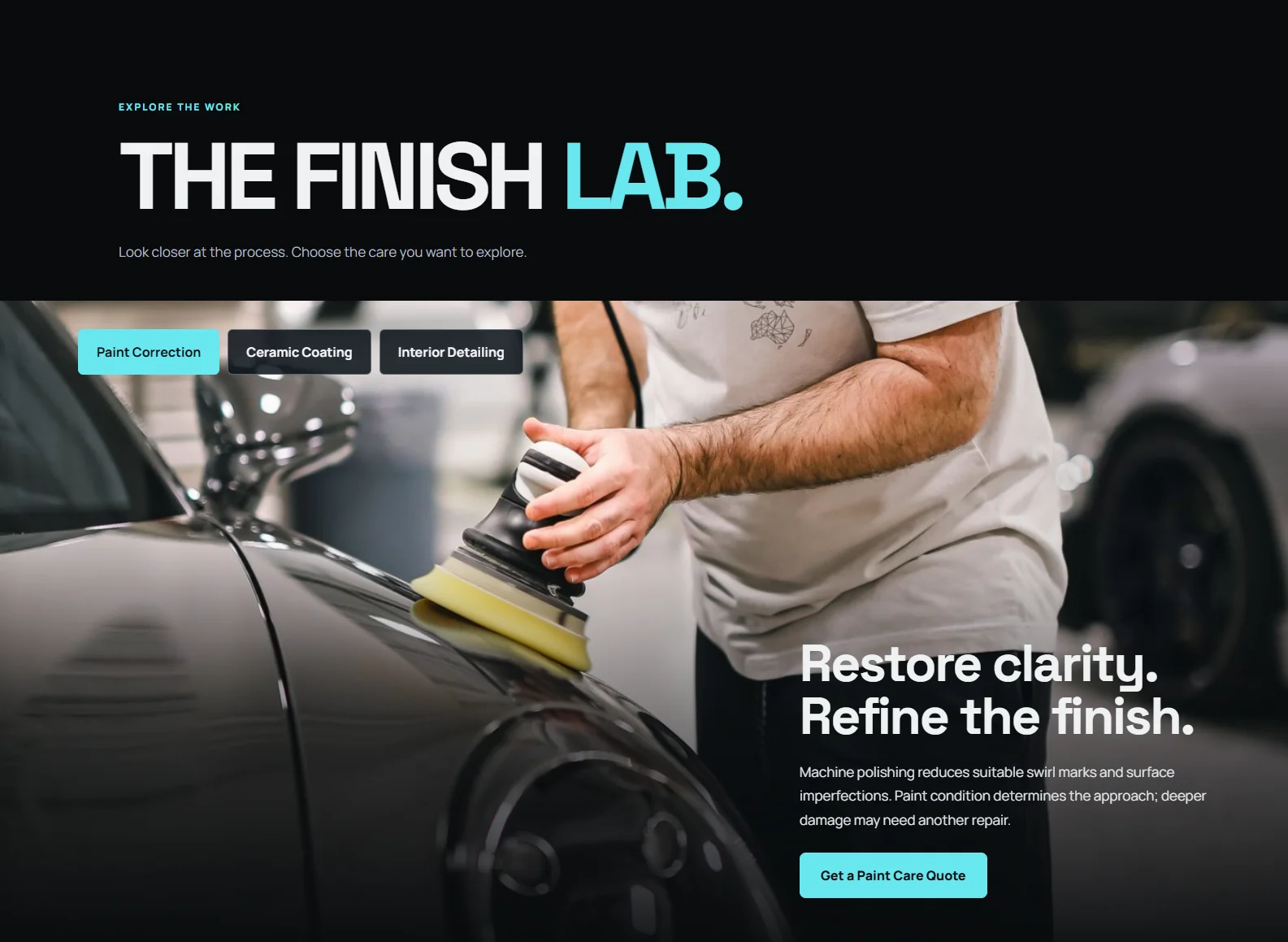 Actual Finishline treatment explorer showing paint correction photography, service tabs, and a paint-care quote action