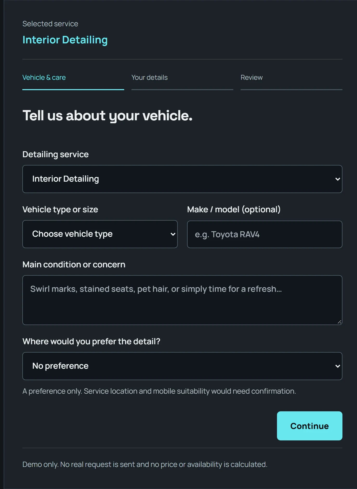 Actual Finishline vehicle-specific quote interface requesting service, vehicle size, make and model, condition, and location preference