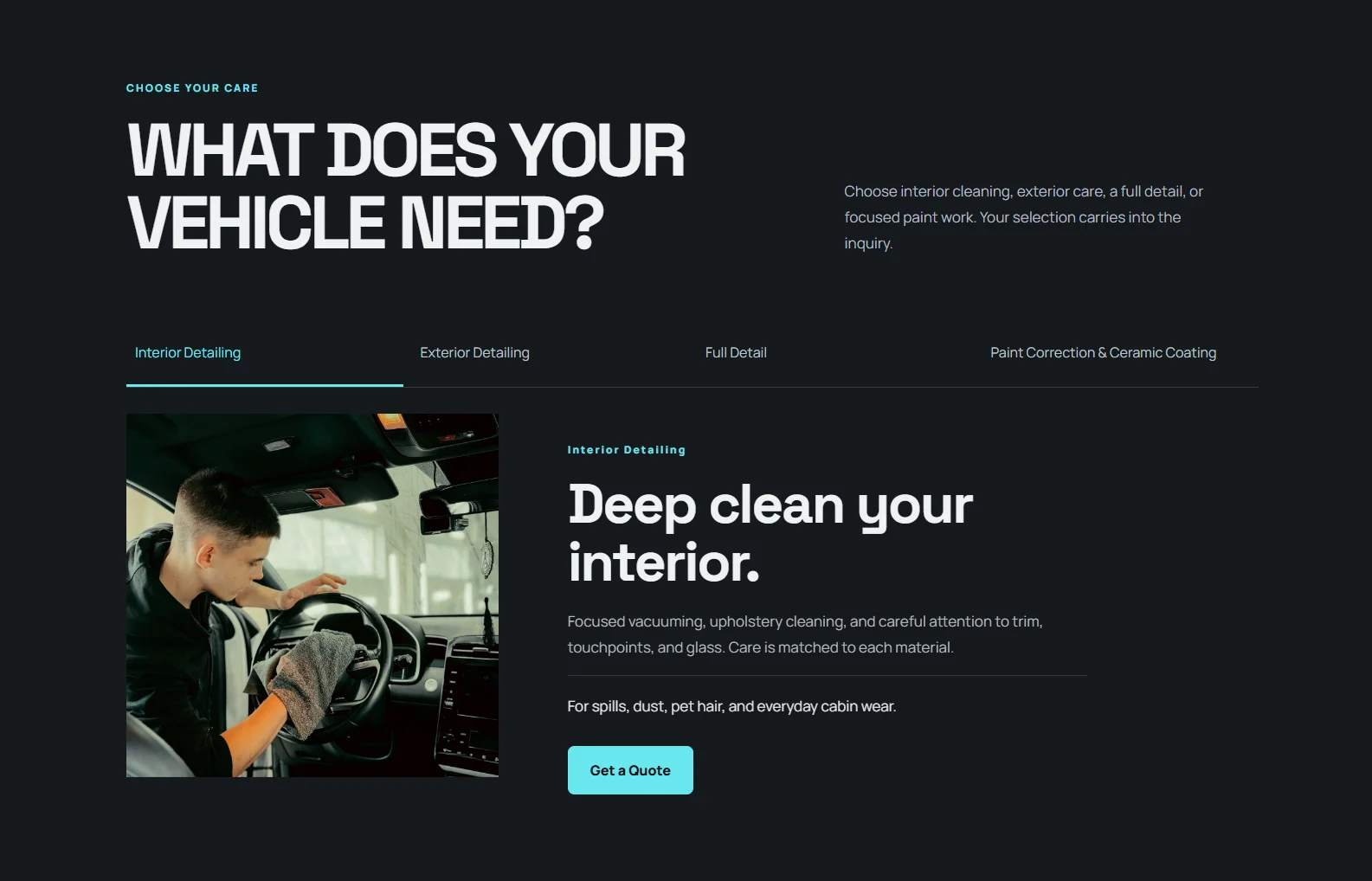 Actual Finishline service selection interface explaining interior detailing and the concerns it addresses