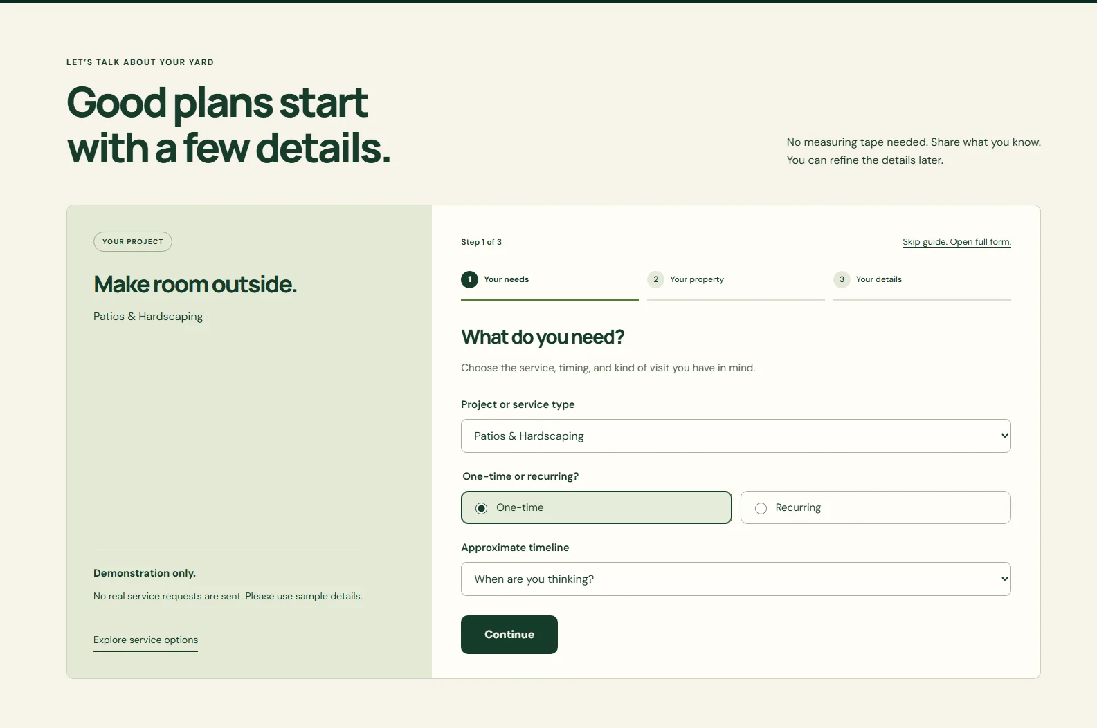 Actual Verdant guided estimate interface with the patio project carried forward and the first needs-and-timing step