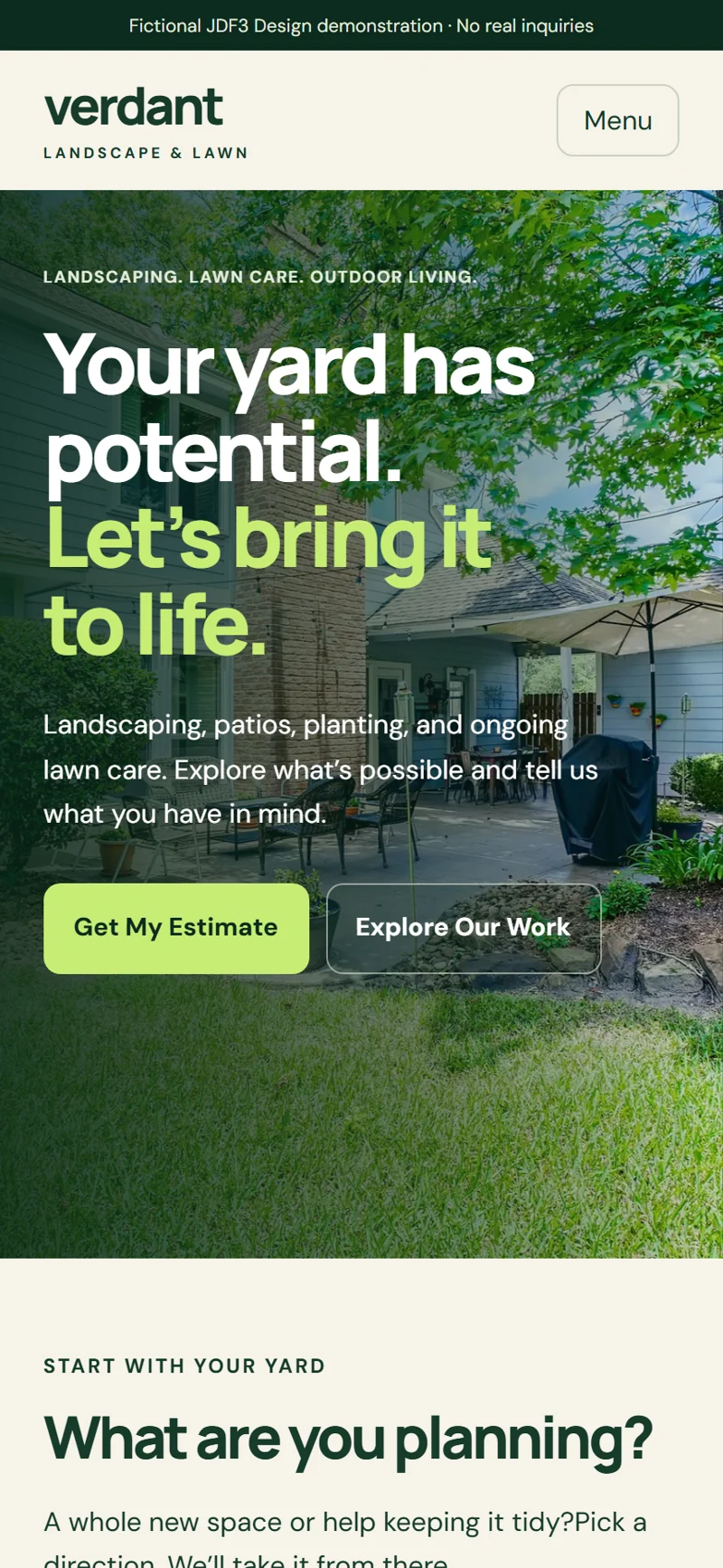 Actual mobile Verdant website showing the yard photograph, landscape headline, and estimate call to action