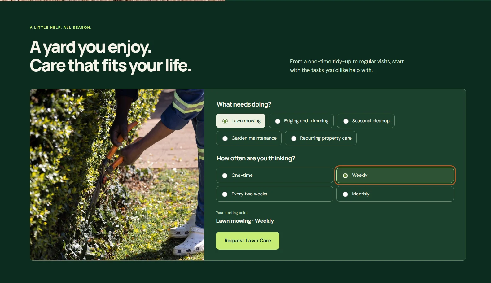 Actual Verdant lawn-care interface with task choices, recurring frequency preferences, and a request-lawn-care action