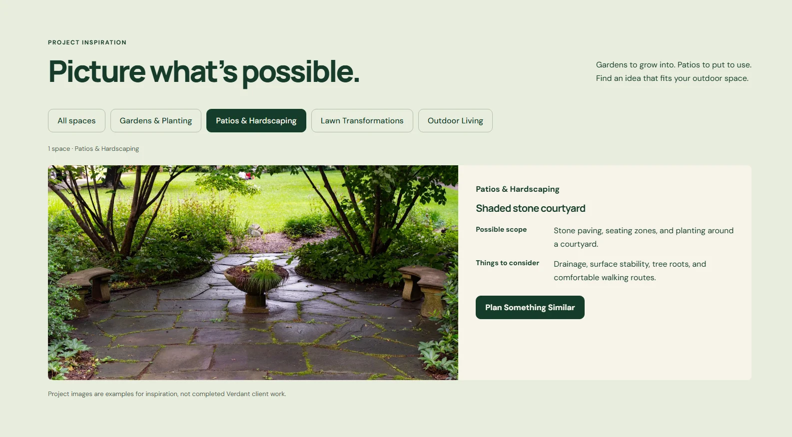 Actual Verdant project gallery filtered to patios and hardscaping, with an inspiration image and a plan-something-similar action