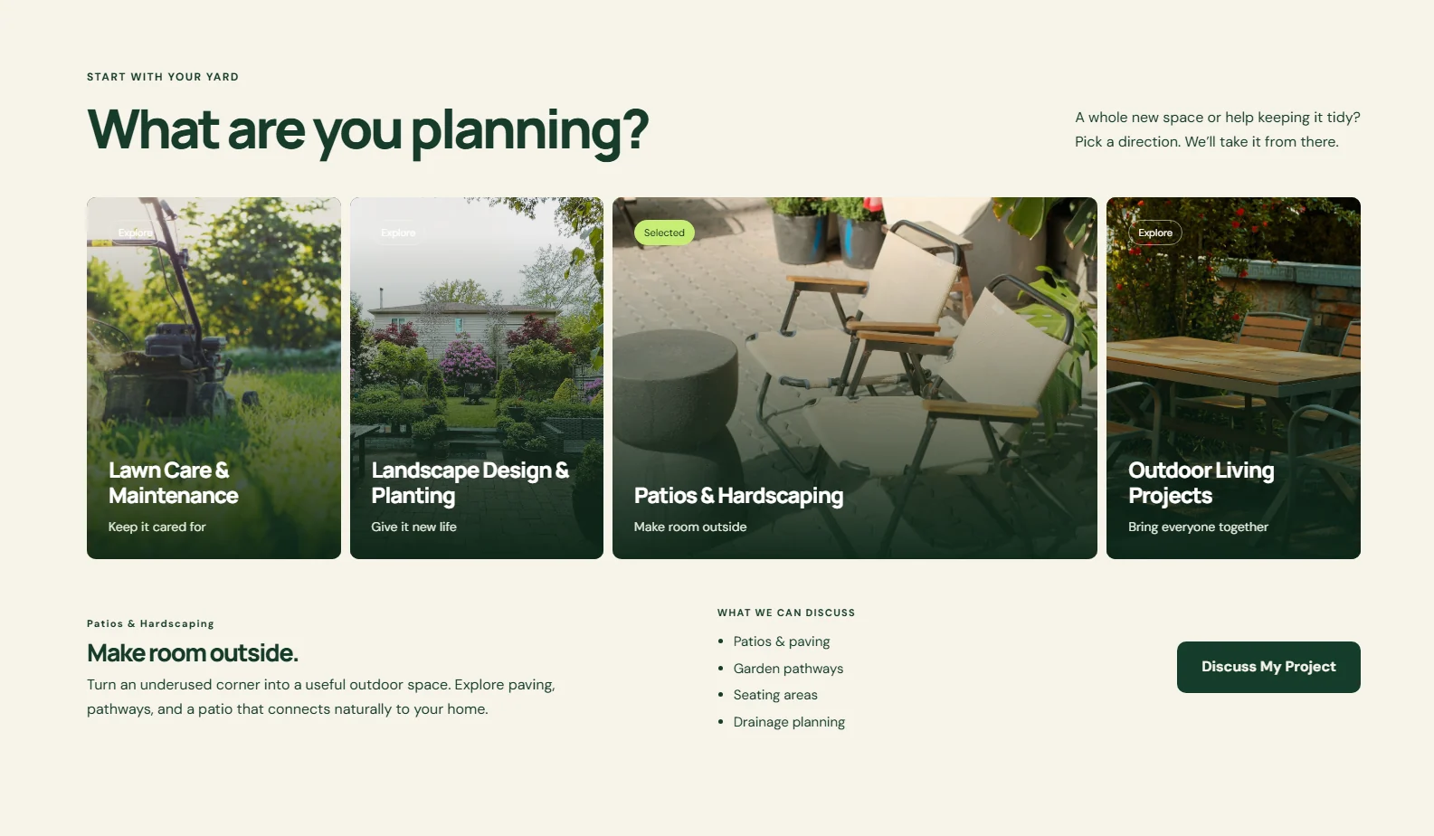Actual Verdant service discovery interface with Patios and Hardscaping selected and project scope explained