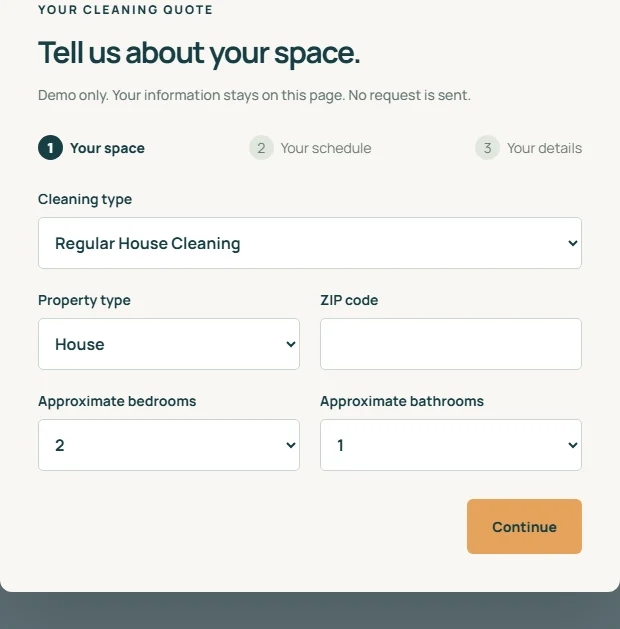 Actual Brighthouse quote dialog asking for cleaning type, property type, ZIP code, and approximate bedrooms and bathrooms