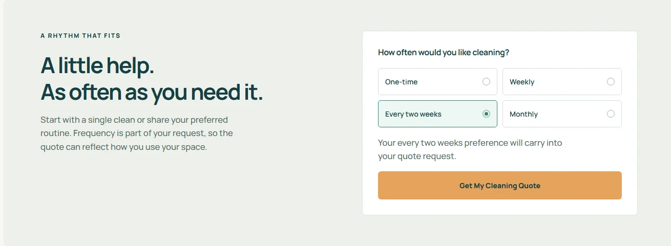 Actual Brighthouse recurring-cleaning experience with Every two weeks selected and carried into the quote request
