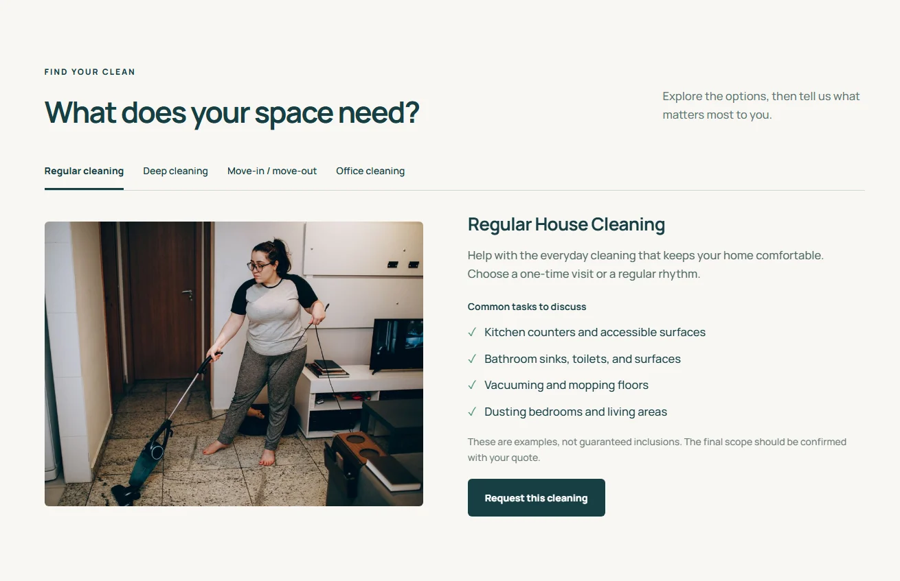 Actual Brighthouse cleaning service explorer with regular house cleaning selected and examples of tasks to discuss