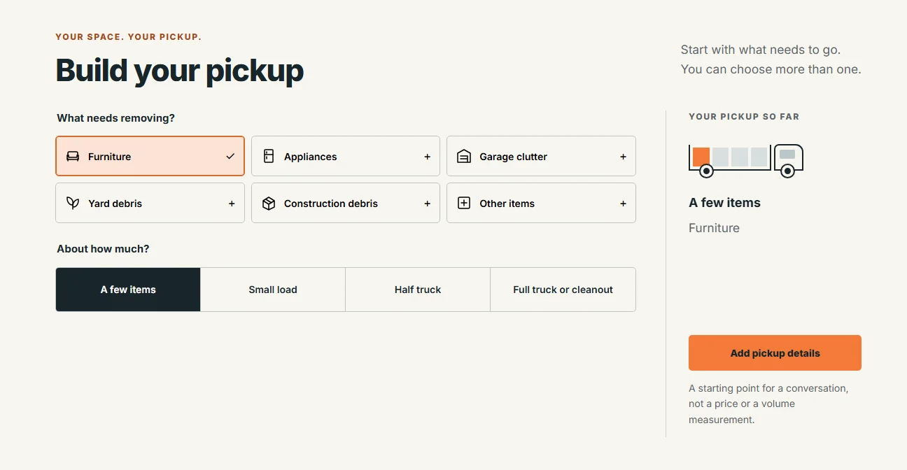 Actual Clearout pickup planner with Furniture selected, approximate load choices, truck illustration, and pickup summary