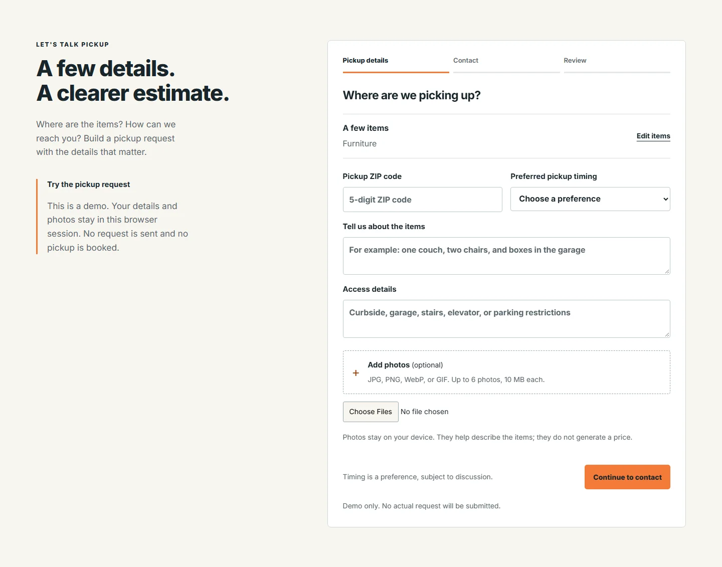 Actual Clearout pickup request showing selected furniture, ZIP code, timing, item description, access details, and optional photo uploads