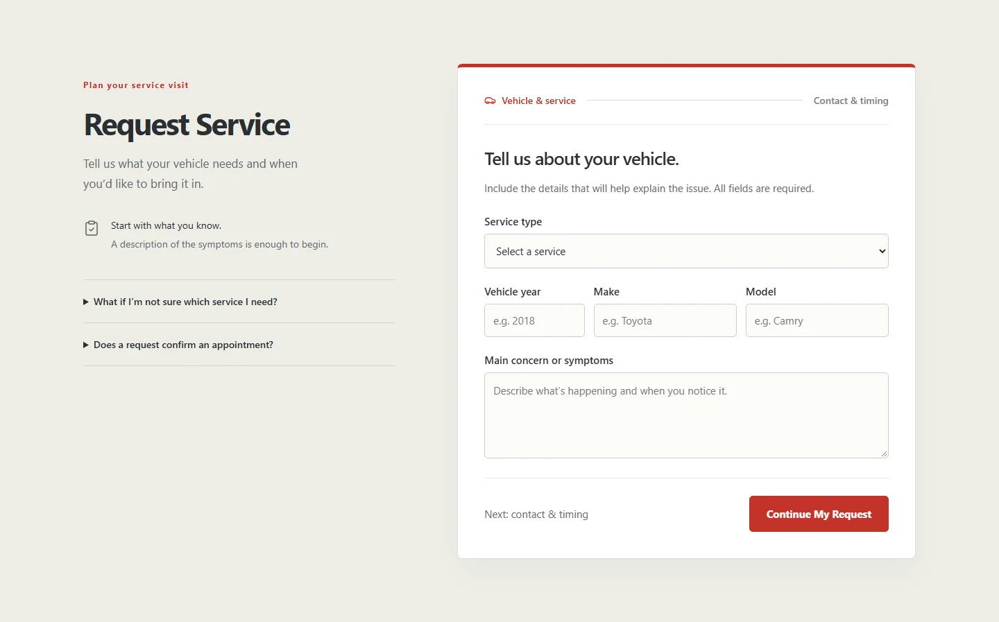 Actual Torque vehicle and service request interface with year, make, model, symptom description, and a next-step action
