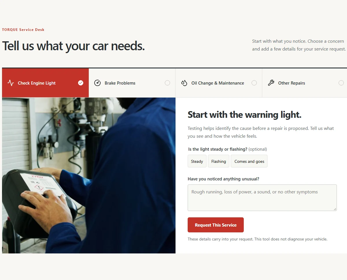 Actual Torque service desk showing Check Engine Light selected, warning-light choices, symptom details, and the request action