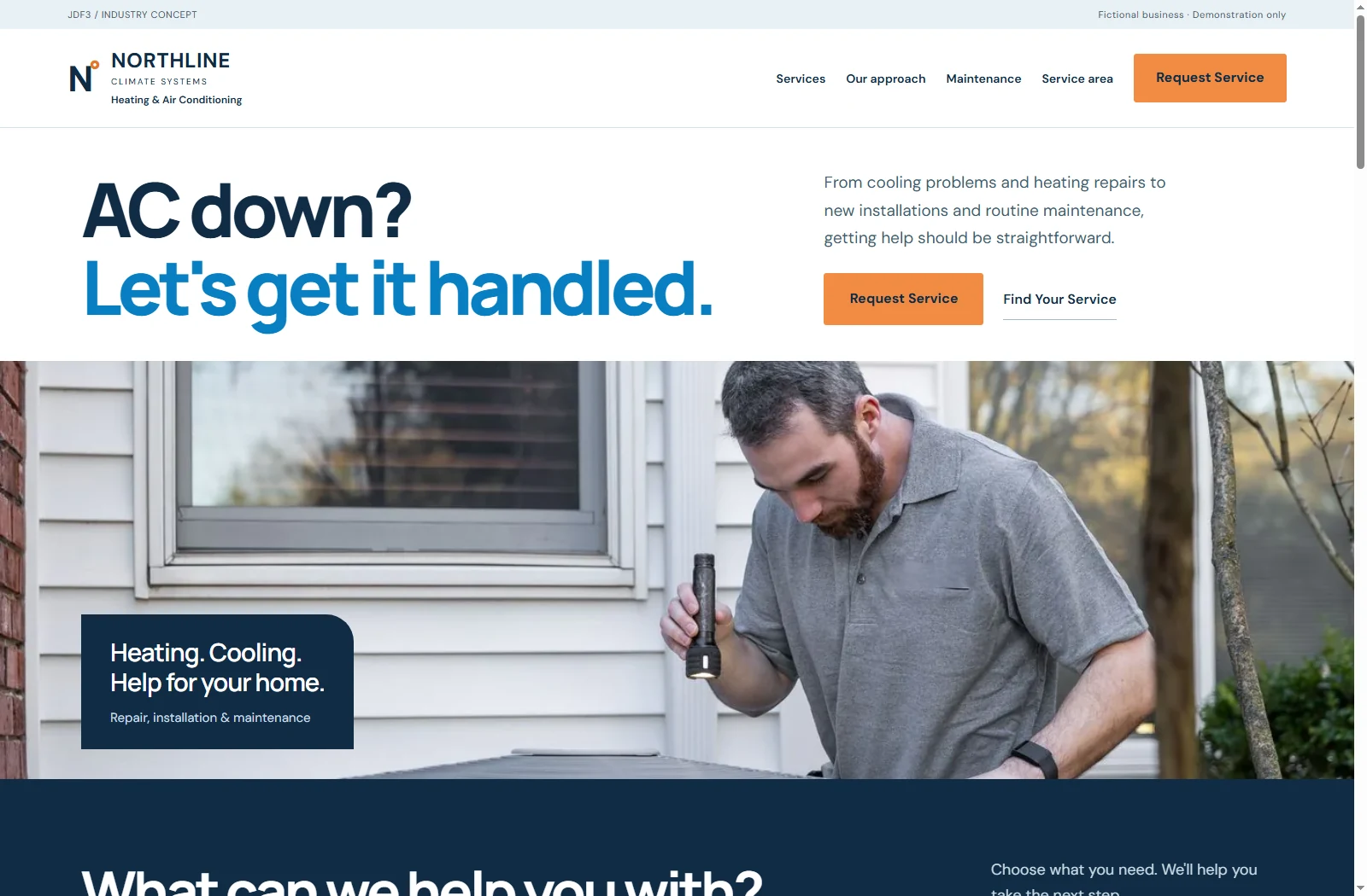 Actual Northline HVAC homepage with clear service links, orange request buttons, and a large technician photograph