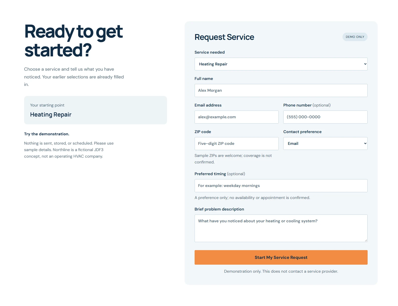 Actual Northline service-request screen with Heating Repair carried forward and fields for contact details, ZIP code, timing, and problem description