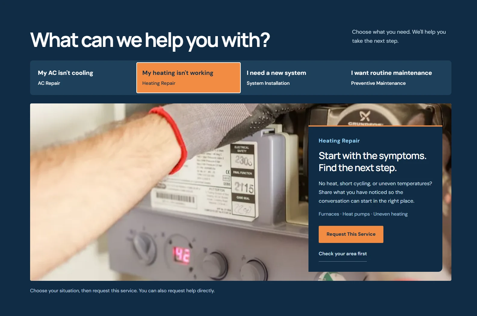 Northline's live service selector with Heating Repair selected, a service description, and a request-this-service button