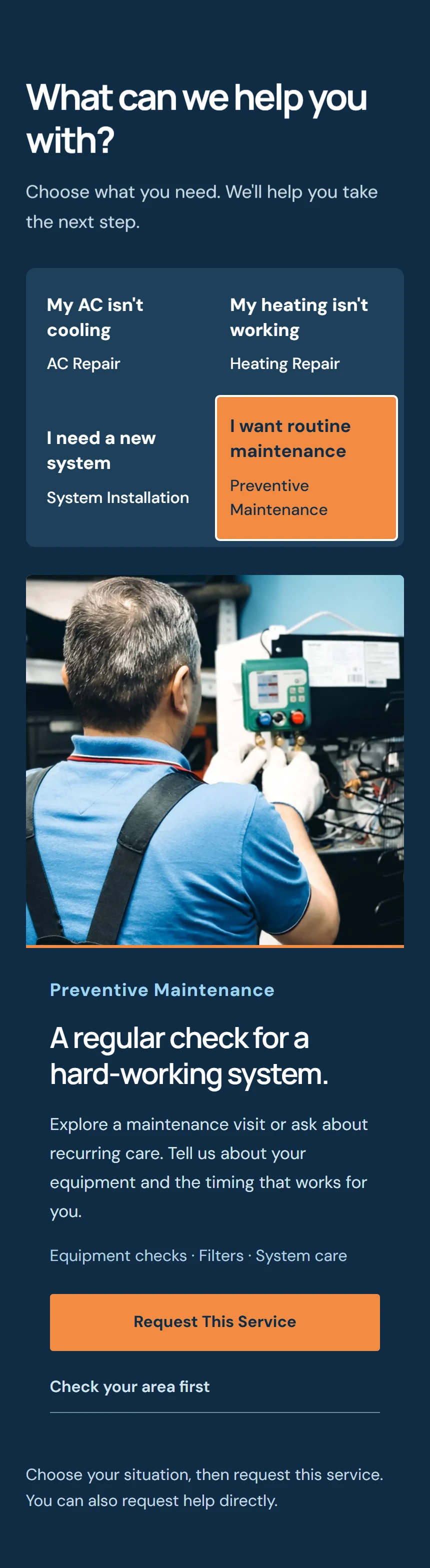 Actual Northline mobile service selector showing Preventive Maintenance and its request path
